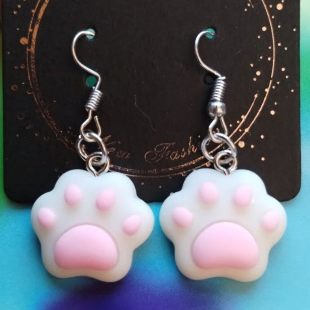 Handmade Kawaii Pink and White Cat Dog Paw Earrings